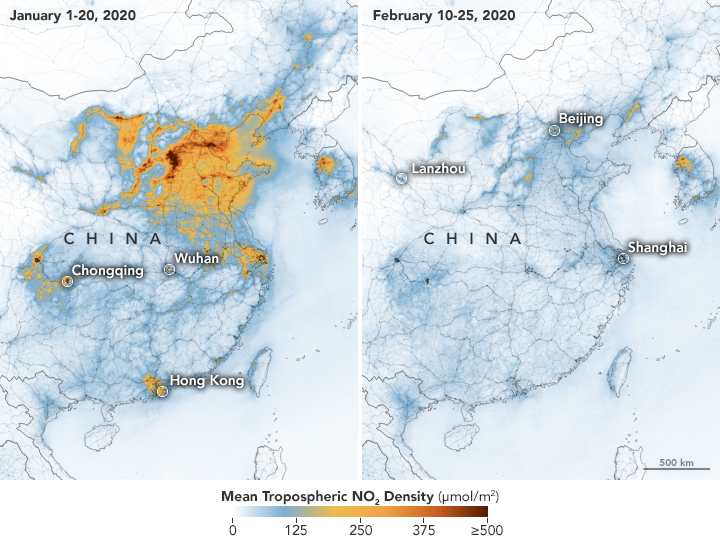 Map by NASA showing a drop in nitrogen dioxide over China in February 2020.